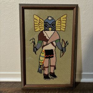 Vintage Kachina Native American Artwork Needlepoint 20" x 14” WATER DAMAGE